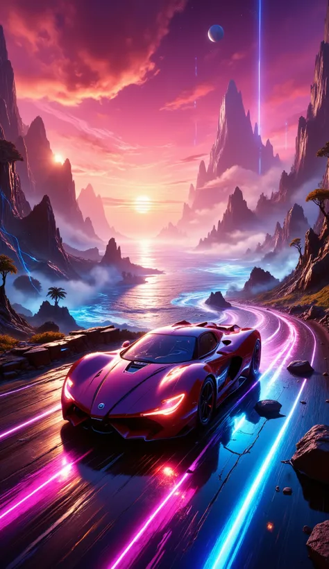 Surreal, cinematic image: a sleek, neon-lit sports car with pink, blue, and purple accents races along a rugged coastal road at sunset. Jagged mountains bathed in pink, orange, and purple hues form the backdrop, with silhouetted palm trees and a neon-lit o...