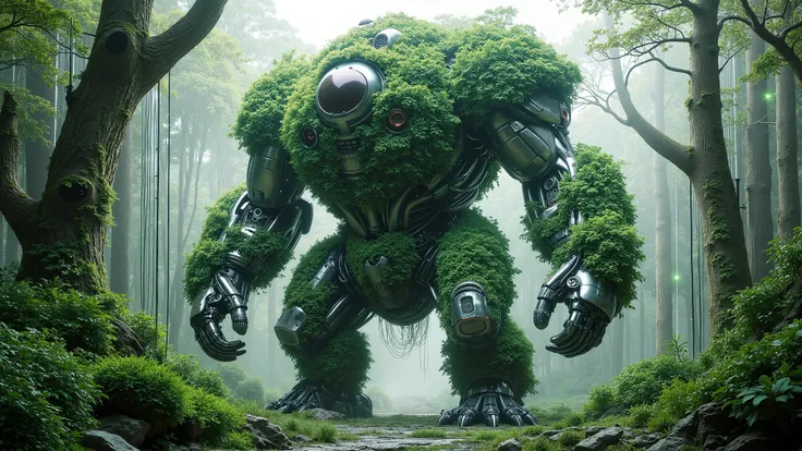 Hanuma Robot in a Technological Forest: "A giant Hanuma monkey robot covered in artificial vegetation, swaying on metal and fiber-optic trees, with green lights shining around."