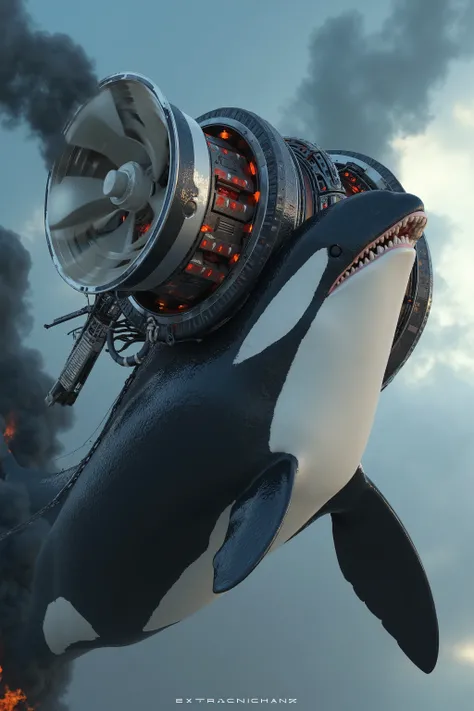 A gigantic orca whale with a large Dangerous Killer rotary propeller engine on the orca whales nose spinning the propeller blades extremely fast rotating speeding up the Propeller Blurring Revving emitting fire with black diesel smoke from the orca whales ...