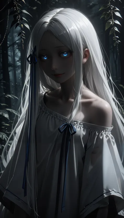 medium-up, KJOpandora, white hair, blue eyes, parted bangs, Long eyelashes, very long hair, hair ribbon, half-closed eyes, pale skin, сonfident gaze, luminous eyes, white dress, off shoulder, , tall trees, sweet smile, dense dark forest, thin, vegetation