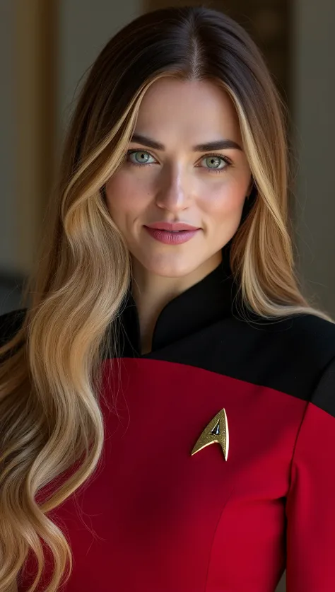 stunningly beautiful,   gentle,   darling  ,    cute woman, red sttldunf Star Trek uniform:   next generation   , long blond black hair, smiling