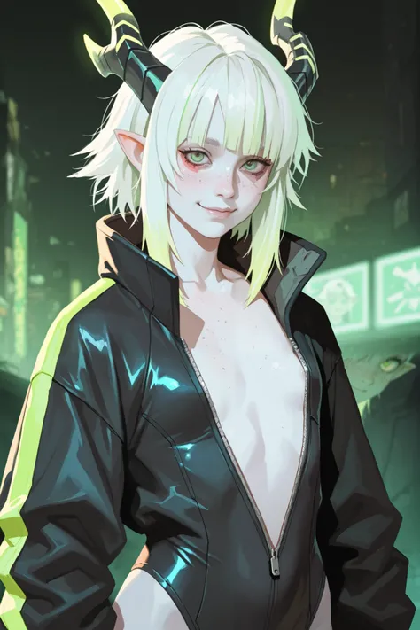 robotic young adult dragon girl, looking at the viewer, messy short white hair with light green highlights, flat chest, wears a big and long black closed cyberpunk jacket zipped up with a tight suit undearneath (small breasts), friendly expression, pale sk...