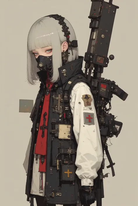 a man carrying a machine gun and a gun with both hands, of foot,full body,from side, winter,snow,science_fiction,cyberpunk boy,peel,long military coat,ammo belt, gas mask, bulletproof vest,cargo pants,glove,,camouflage,digital camouflage,bright eyes,red e...