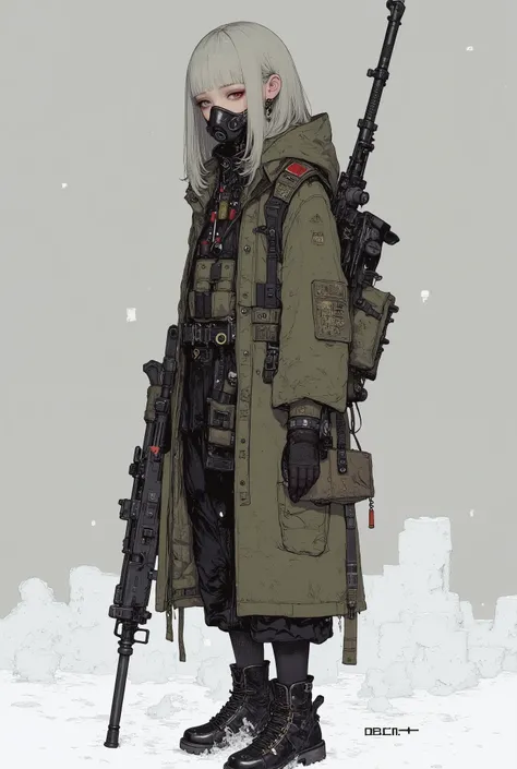 a man carrying a machine gun and a gun with both hands, of foot,full body,from side, winter,snow,science_fiction,cyberpunk boy,peel,long military coat,ammo belt, gas mask, bulletproof vest,cargo pants,glove,,camouflage,digital camouflage,bright eyes,red e...