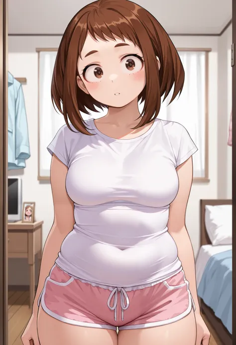 Masterpiece, 8k quality, extremely detailed, clear face, ochako uraraka, bedroom background, medium breasts, plump body, tank top, t-shirt, pajama short shorts