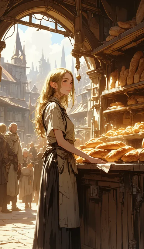 A lively medieval marketplace bathed in warm sunlight. In the foreground, a slender, graceful elven woman with long, flowing blonde hair stands behind a rustic wooden bread stall. She’s wearing a simple yet elegant apron over her light tunic, her delicate ...
