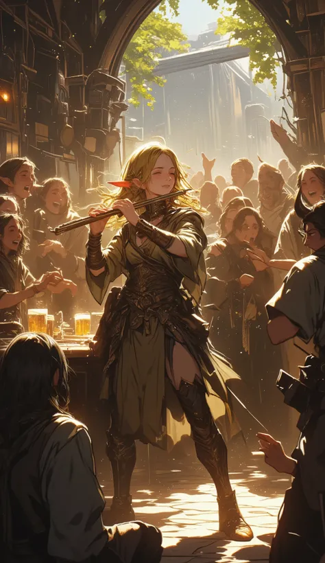 An energetic elven bard with golden hair and pointy ears plays the flute passionately in a bustling tavern. Her face lights up with joy as she sings with her eyes closed. Her fingers dance across the strings and her hair flutters in time with her movements...