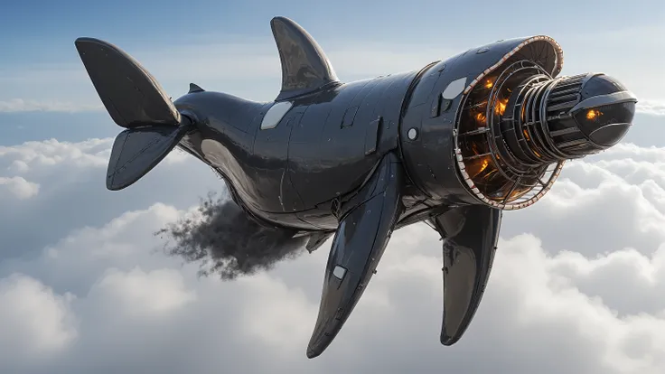 A gigantic orca whale with a large Dangerous Killer rotary propeller engine on the orca's nose, rotating the propeller blades extremely fast, speeding up the Propeller Blurring Revving emitting fire with black diesel smoke from the orca's fin, on the top o...