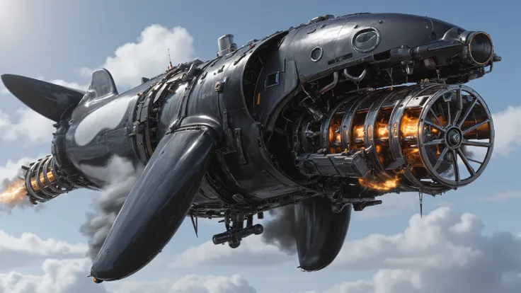 A gigantic orca whale with a large Dangerous Killer rotary propeller engine on the orca's nose, rotating the propeller blades extremely fast, speeding up the Propeller Blurring Revving emitting fire with black diesel smoke from the orca's fin, on the top o...