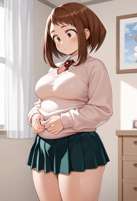 Masterpiece, 8k quality, extremely detailed, clear face, ochako uraraka, bedroom background, medium breasts, plump body, school uniform, sweater, ribbon, short skirt
