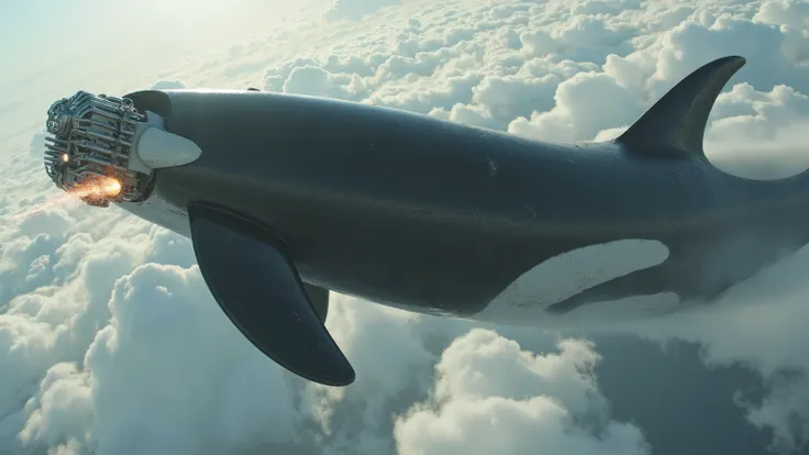 A gigantic orca whale with a large Dangerous Killer rotary propeller engine on the orca's nose, rotating the propeller blades extremely fast, speeding up the Propeller Blurring Revving emitting fire with black diesel smoke from the orca's fin, on the top o...