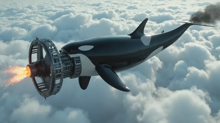 A gigantic orca whale with a large Dangerous Killer rotary propeller engine on the orca's nose, rotating the propeller blades extremely fast, speeding up the Propeller Blurring Revving emitting fire with black diesel smoke from the orca's fin, on the top o...