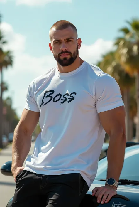 Create a low-angle photorealistic portrait image of a 28-year-old tall muscular white male, buzz cut hair,  young face, roasted fine, green eyes, defined jawline, large forearms, Fair skin, medium black goatee. wearing an oversized white t-shirt "Boss writ...