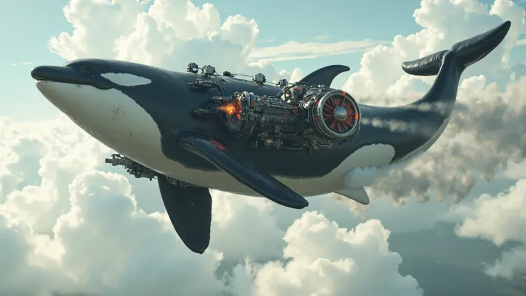 A gigantic orca whale with a large Dangerous Killer rotary propeller engine on the orca's nose, rotating the propeller blades extremely fast, speeding up the Propeller Blurring Revving emitting fire with black diesel smoke from the orca's fin, on the top o...