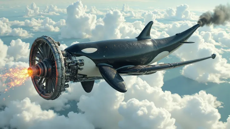 A gigantic orca whale with a large Dangerous Killer rotary propeller engine on the orca's nose, rotating the propeller blades extremely fast, speeding up the Propeller Blurring Revving emitting fire with black diesel smoke from the orca's fin, on the top o...