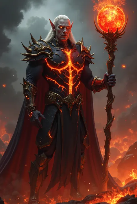 The image depicts a powerful and intimidating dark figure with elven features, pale skin, and eyes glowing in a vibrant shade of reddish orange. His pointed ears and stern expression give him a mystical and menacing appearance. His body appears to be fused...