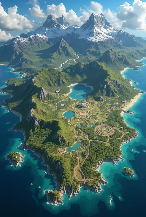 The image features a stunning illustrated map of a large island or continent, surrounded by blue waters and filled with a variety of natural landscapes. The map has a realistic artistic style with touches of fantasy, ideal for a fictional RPG world, fantas...