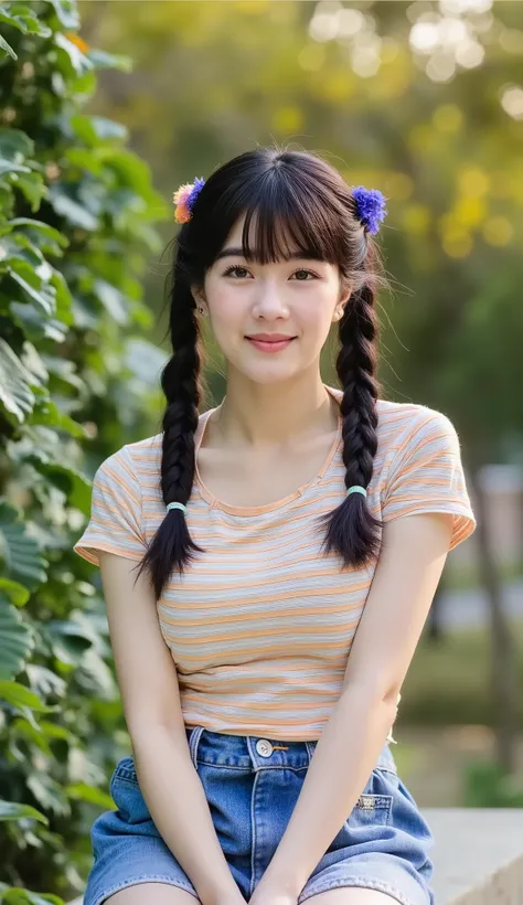 he image is a photograph of a young woman, possibly a ager or young adult, sitting outdoors in a park-like setting. She is wearing a striped, short-sleeved shirt and a denim skirt, and her dark hair is styled in a way that suggests bangs and possibly pigta...