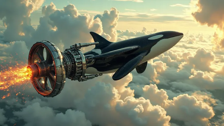 A majestic orca whale soars into the sky, its nose ablaze with a massive rotary propeller engine spinning at lightning speed. The blades whirring furiously, they blur together as flames and black smoke billow forth from the fin, eerily resembling an exhaus...