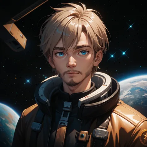 portrait, 1man, young, light brown hair, blue eyes, medium-short hair, masterpiece, best quality, space, sci-fi, leather jacket, very soft beard