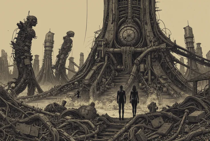 Highly detailed cyberpunk dystopia, vast megastructures towering over a desolate wasteland, intricate biomechanical designs fusing flesh and machine, stark black-and-white contrast with heavy ink shading, minimalistic characters in sleek armored suits, dyn...