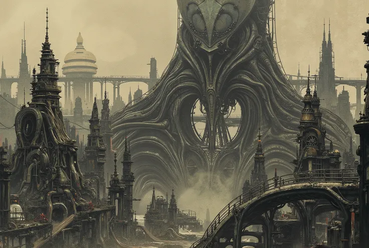 Cinematic anime illustration, hyper-detailed urban sprawl with realistic machinery, muted grayscale palette with subtle earthy tones, fluid organic-mechanic hybrid creatures, surreal and dreamlike distortions, intricate architectural backgrounds, soft shad...
