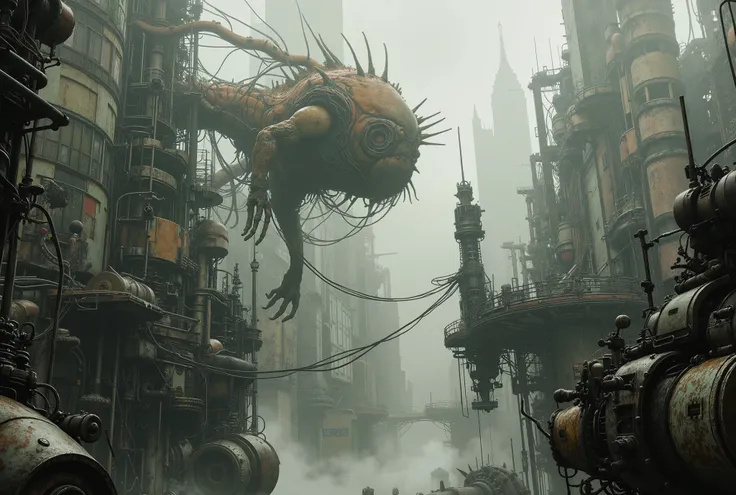 Cinematic anime illustration, hyper-detailed urban sprawl with realistic machinery, muted grayscale palette with subtle earthy tones, fluid organic-mechanic hybrid creatures, surreal and dreamlike distortions, intricate architectural backgrounds, soft shad...