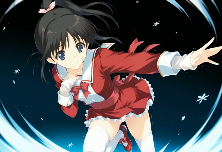 masterpiece,best quality,good quality, anime coloring,((sugiura_koharu)),sugiura_koharu\(white_album_2\),1girl,solo,black hair,ponytail,hair ribbon,blue eyes,open mouth,1girl,(((red and white jacket))),(sailor suit jacket),(multicolored jacket)((red bow ti...