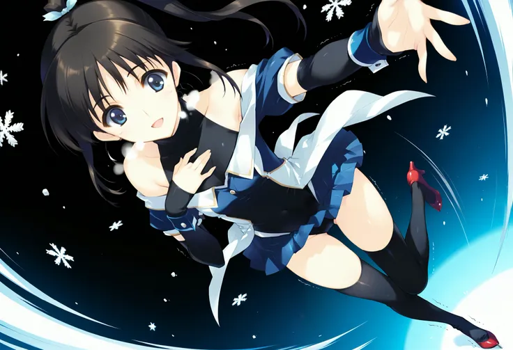 masterpiece,best quality,good quality, anime coloring, ((sugiura_koharu)),sugiura_koharu\(white_album_2\),1girl,solo,black hair,ponytail,hair ribbon,blue eyes,open mouth,1girl,((stage costume)),((blue and white jacket)),((off-shoulder)),((black high neck ...