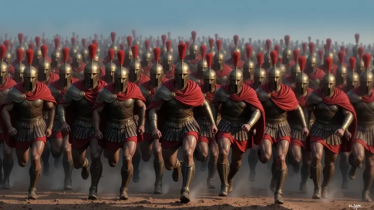 A group of Athenian soldiers running toward the observer. They are equipped with Greek leather armor, red capes, and bronze helmets with red crests. The scene is dynamic and conveys energy and motion.