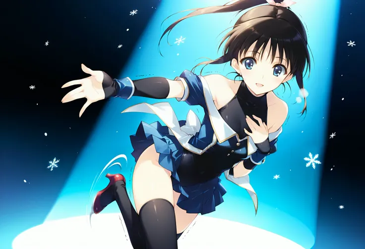 masterpiece,best quality,good quality, anime coloring, ((sugiura_koharu)),sugiura_koharu\(white_album_2\),1girl,solo,black hair,ponytail,hair ribbon,blue eyes,open mouth,1girl,((stage costume)),((blue and white jacket)),((off-shoulder)),((black high neck ...