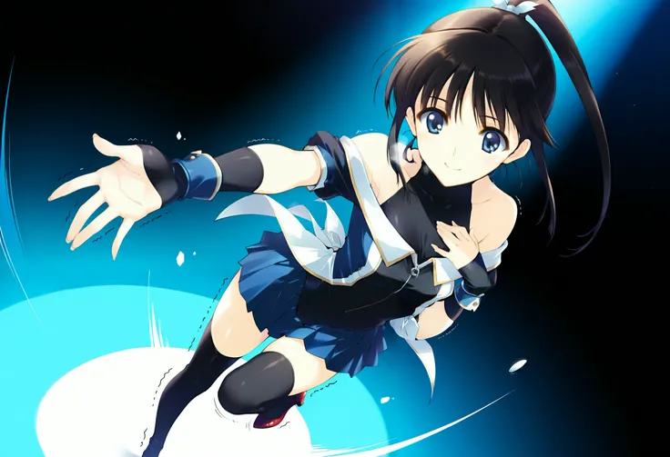 masterpiece,best quality,good quality, anime coloring, ((sugiura_koharu)),sugiura_koharu\(white_album_2\),1girl,solo,black hair,ponytail,hair ribbon,blue eyes,open mouth,1girl,((stage costume)),((blue and white jacket)),((off-shoulder)),((black high neck ...