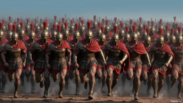 A group of Athenian soldiers running toward the observer. They are equipped with Greek leather armor, red capes, and bronze helmets with red crests. The scene is dynamic and conveys energy and motion.