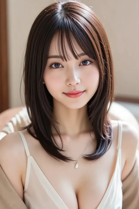 masterpiece, face positioned exactly in the center of the image,  fine, clean skin、Chori blouse, sofa background、long black hair, Bangs, smile, 8k