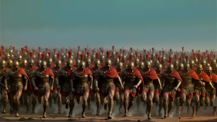 A group of Athenian soldiers running toward the observer. They are equipped with Greek leather armor, red capes, and bronze helmets with red crests. The scene is dynamic and conveys energy and motion.