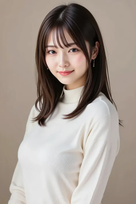 The face is placed in the center of the image, masterpiece, fine, clean skin、plain high neck long sleeve ribbed slim fit t-shirt、long black hair, Bangs, smile, 8k, shooting studio background