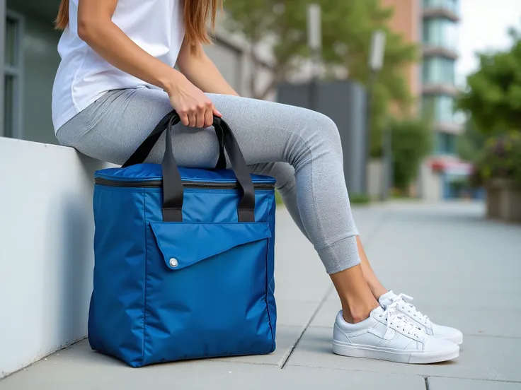 (((Close-up))) of a trunk of a young woman sitting on a low white block, wearing t-shirts, Vans® leggings and sneakers, holding a basic blue cooler bag, Simple bag e reta, large thermo bag, Simple bag, Ecological sabota, nylon thermal bag, simple cooler ba...