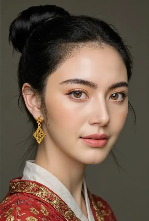 (masterpiece), breathtaking ancient woman, (ancient dress), (close up portrait), neat and ordery hair, (frontal view), highlighted intricate details, ultra detailed facial features, harmonious color palette, showcasing grace and beauty, winning award quali...