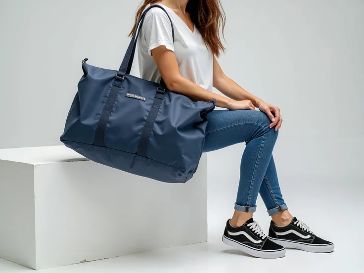 (((Close-up))) jeans and sneakers from a torso of a young woman sitting on a low white block, wearing t-shirt, Vans leggings and sneakers, holding a basic thermal bag on your shoulder, Simple bag, Simple bag, Straight bag, large thermo bag, nylon thermal b...