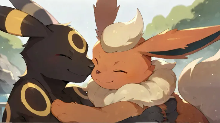 Umbreon's paw, (high quality, high resolution, Masterpiece), Pokemon(creature), white background, blurred background, couple, flareon macho, umbreon macho(shiny), hairy, falls,  hugged, leaning against each other, looking at each other, rostos leaning agai...
