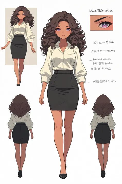 create a character for me, black woman, age 19, height 170, long hair, curly hair, brown hair, purple eyes, thin woman type, Brazilian nationality, office style skirt and clothes, formal clothes, western 2d line style, model sheet, make this character from...
