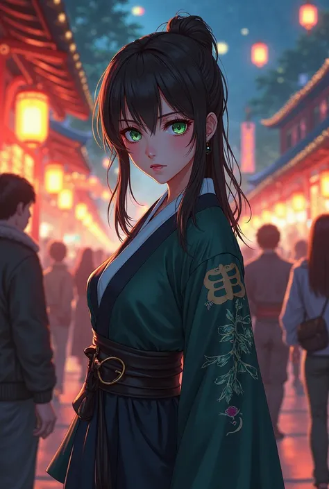 Aiko description dark brown hair dark emerald eyes serious but very beautiful look ,cartoon with Kunoichi uniform by Konoha,At night festival 