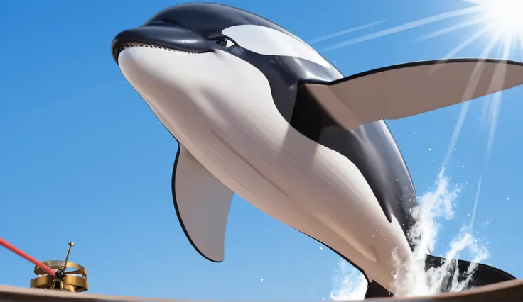 A majestic orca whale, its body gleaming in the sunlight, proudly displays a massive rotary propeller engine attached to its nose. The blades spin at an incredible pace, generating a whirlwind of diesel smoke and flames as it revs up like a dragster. With ...