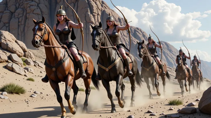 Greek Amazons riding brown horses and equipped with black armor. They wear Athenian-style helmets and are depicted as archers, exuding strength and elegance. The scene captures their grace and power.