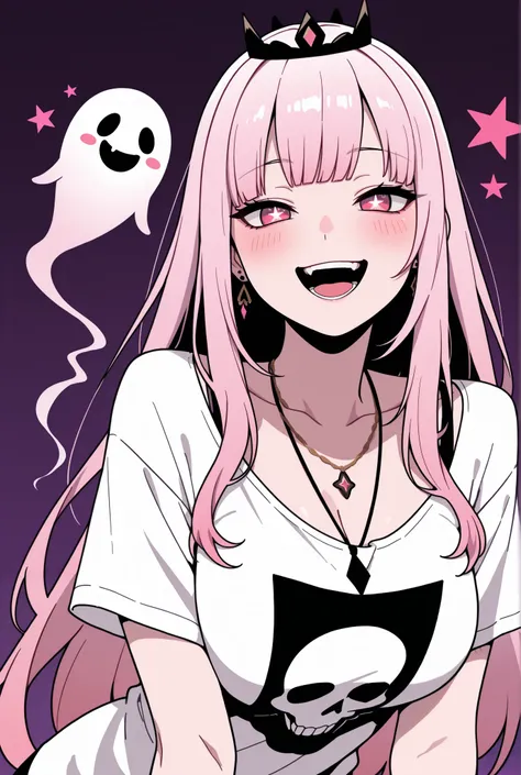 masterpiece, best quality, amazing quality, very aesthetic, 1girl, jewelry, pink_hair, long_hair, earrings, shirt, star_(symbol), virtual_youtuber, crown, smile, white_shirt, bangs, open_mouth, pink_eyes, necklace, looking_at_viewer, solo, breasts, ghost, ...