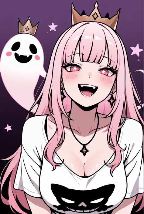 masterpiece, best quality, amazing quality, very aesthetic, 1girl, jewelry, pink_hair, long_hair, earrings, shirt, star_(symbol), virtual_youtuber, crown, smile, white_shirt, bangs, open_mouth, pink_eyes, necklace, looking_at_viewer, solo, breasts, ghost, ...