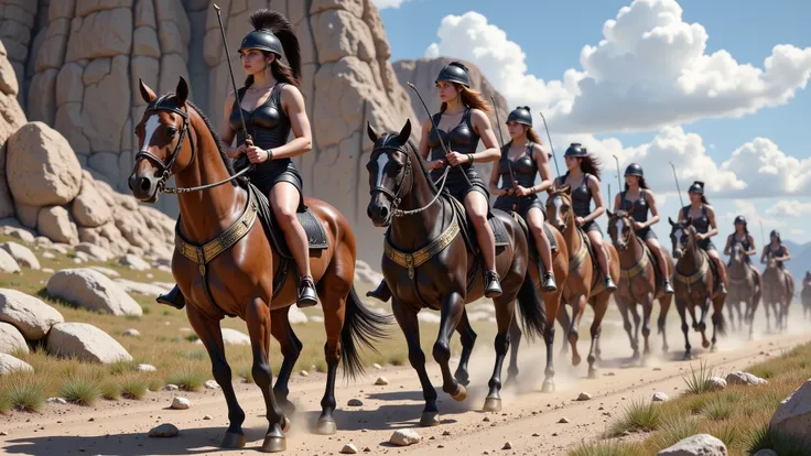 Greek Amazons riding brown horses and equipped with black armor. They wear Athenian-style helmets and are depicted as archers, exuding strength and elegance. The scene captures their grace and power.