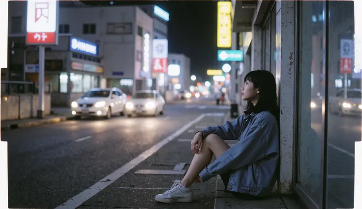 "A 1990s Tokyo night, a quiet street with softly glowing neon lights. A cute Japanese girl in street fashion sits alone on the sidewalk, gazing into the distance. She wears a loose-fitting denim jacket and sneakers, her natural black hair resting on her sh...
