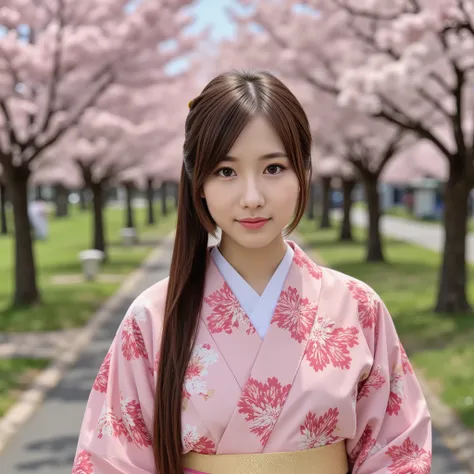 Photo shot showing the full body of a beautiful female professional、Young woman walking along a row of cherry blossom trees in Japan、 wear Japanese kimono 、She has dark brown symmetrical eyes with a brown high ponytail、detailed face、Photos taken with iPhon...