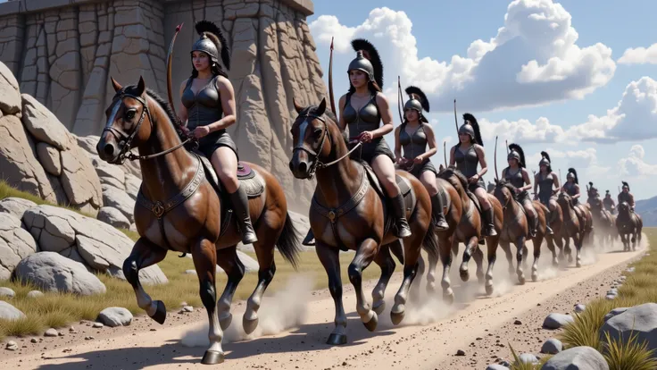 Greek Amazons riding brown horses and equipped with black armor. They wear Athenian-style helmets and are depicted as archers, exuding strength and elegance. The scene captures their grace and power.